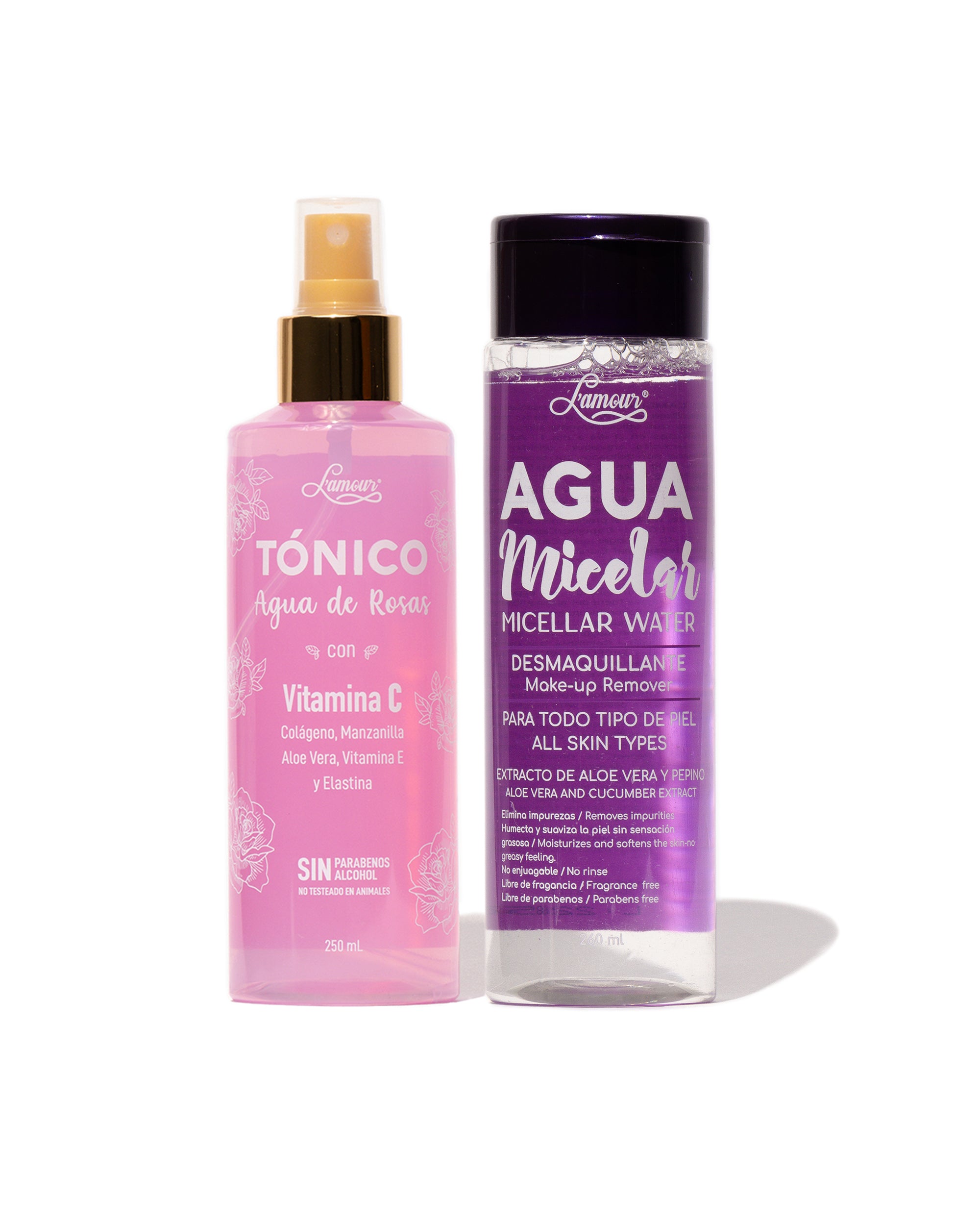 Dúo Facial L’amour con Tónico vitamina C y Agua Micelar para limpieza e hidratación del rostro.