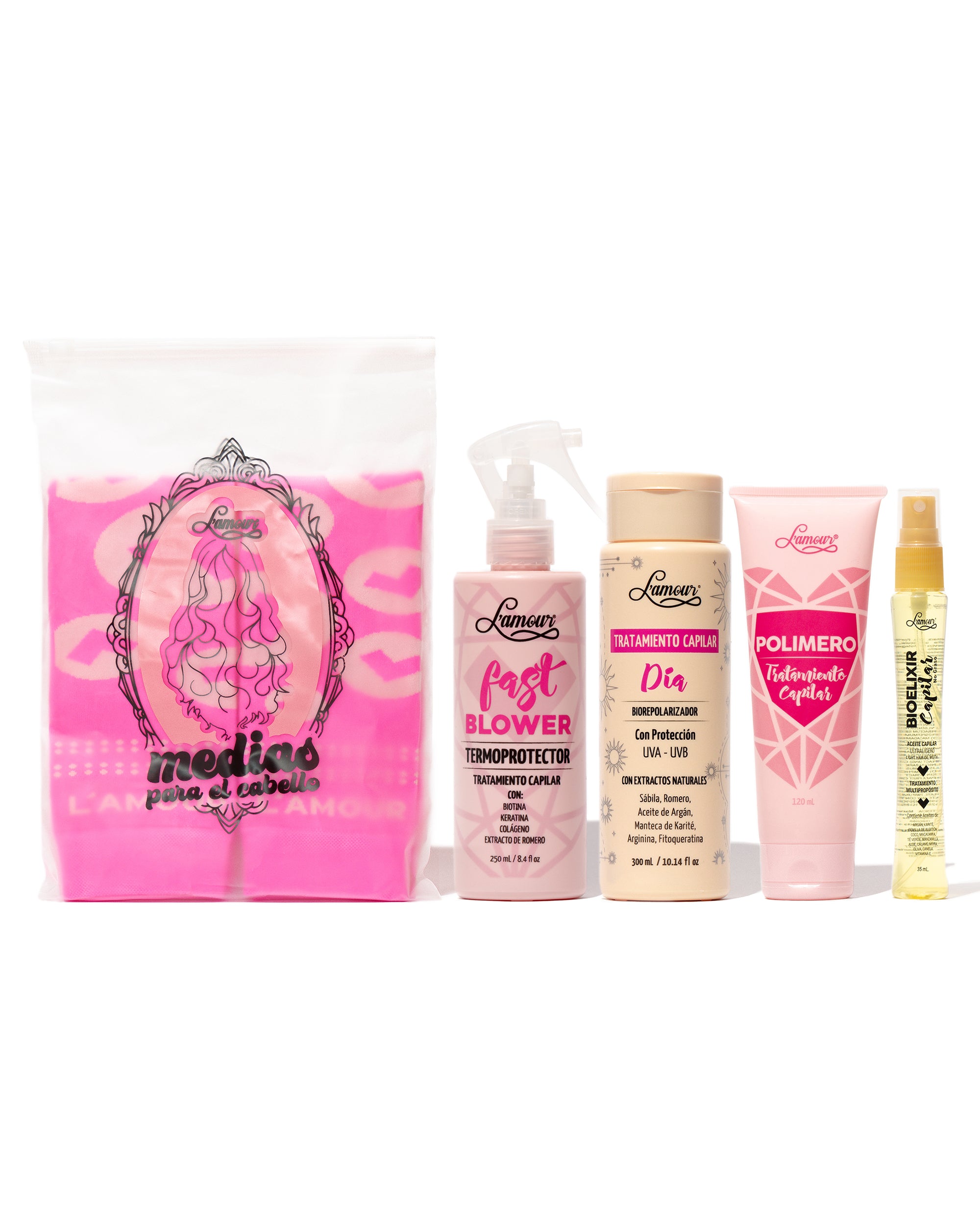 Kit Ondas Perfectas L’amour con medias, polímero, fast blower, bioelixir y tratamiento día para ondas sin calor.